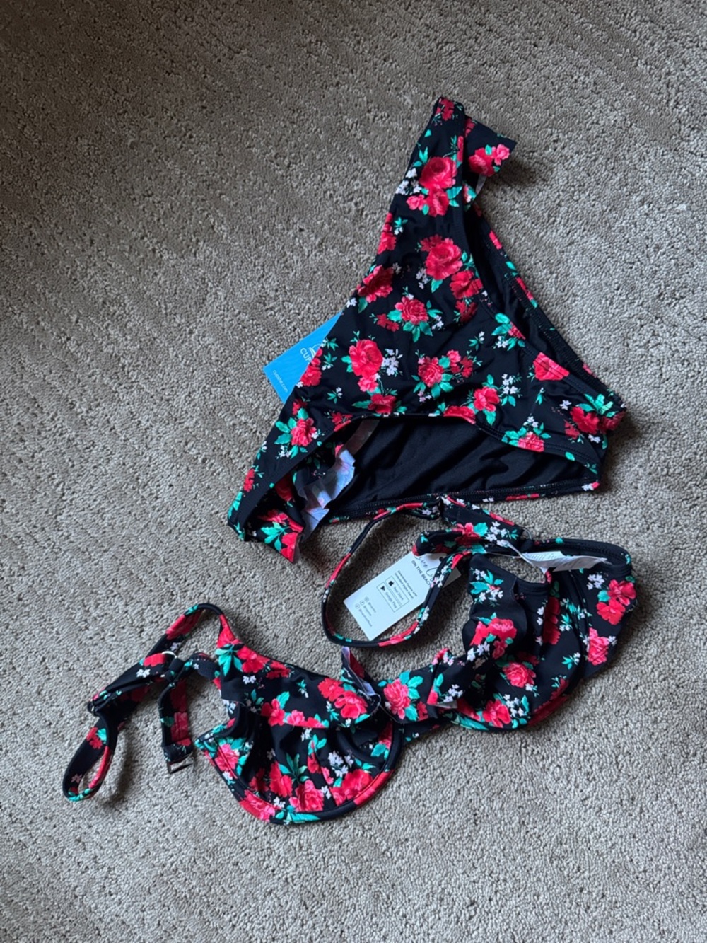 Cupshe Black Floral Bikini Set with Red and Green Accents